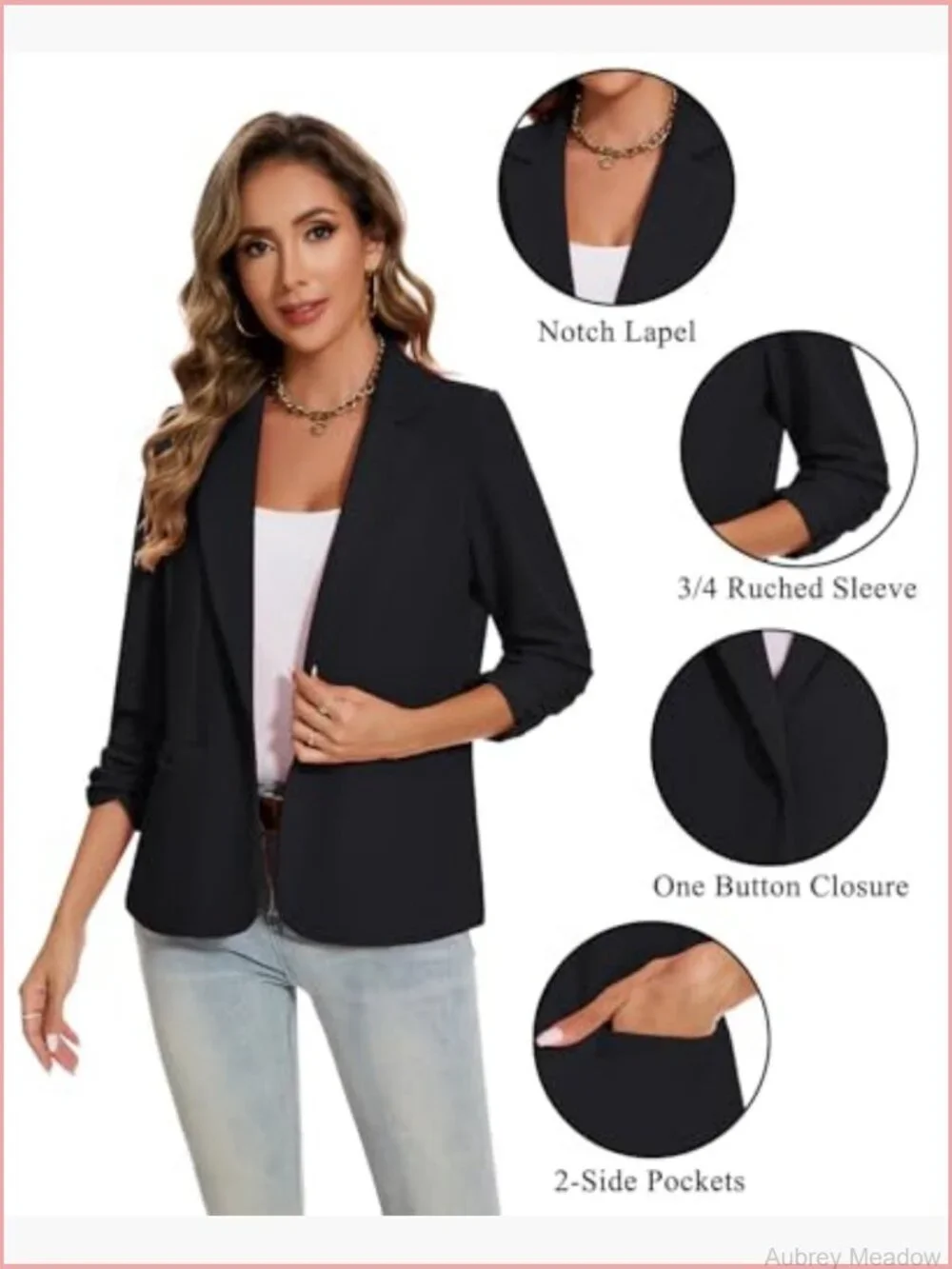 Ruched 3/4 Sleeve Notch Lapel Button Front Blazer Casual Work Office Suit